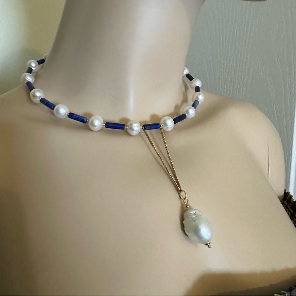 C106 New Handmade Natural Freshwater Pearl and Lapis Lazuli Choker - Picture 10 of 14